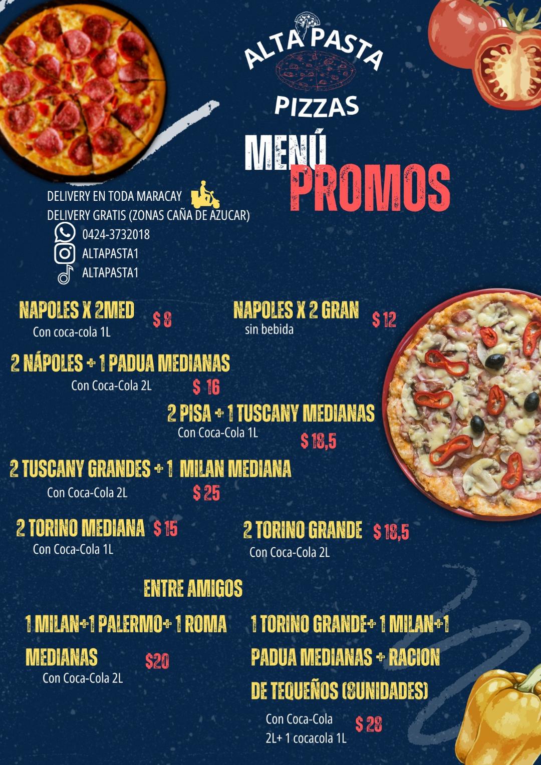 ¡El verdadero placer de la buena pizza llega a tu mesa! En **Alta Pasta-Pizzas** sabemos exactamente lo que te provoca. Por eso, te traemos una increíble variedad de combinaciones elaboradas con ingredientes de primera calidad: desde la cremosidad del queso de búfala hasta el sabor irresistible del tocino, pepperoni, champiñones frescos, jamón y aceitunas negras. Calidad premium al mejor precio.

¡No te quedes con el antojo! Haz tu pedido directamente por WhatsApp al **+58 424-3732018** y descubre todas nuestras promociones siguiéndonos en Instagram como **@Altapasta1**.