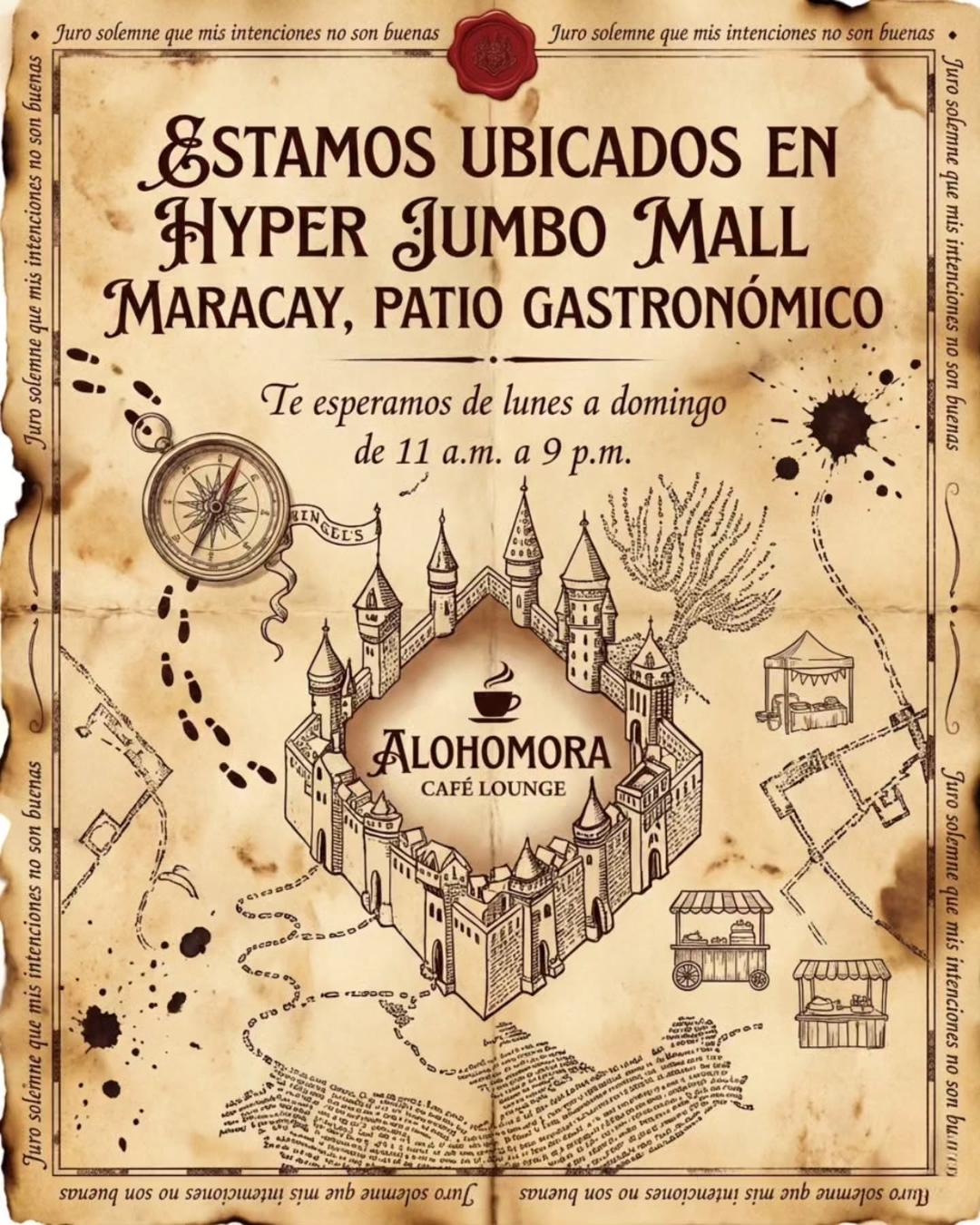 ✨El lugar donde TUS DESEOS MÁGICOS se HACEN REALIDAD 🪄
🎂 Celebra tu cumpleaños o el cumpleaños de un ser querido. Te apoyamos con la fiesta sorpresa🎉
📸 Haz tus sesiones de fotos inmersivas al estilo Hogwarts
🧑🏫 Asiste a nuestras Master Class, conferencias, o ven con tu grupo a estudiar o reuniones laborales. Tenemos WI FI sin costo adicional
👫Reúne a tus amigas y ven a una mágica pijamada de jueves a sábado de 7 a 11 pm
🎲 Pasa un rato divertido con tus amigos jugando UNO, nosotros tenemos las cartas 🃏
☕🍻🍔🫖 Disfruta del mejor café de Maracay, cerveza de mantequilla 🍻Hamburguesas, tequeños, snacks y más
📡 Disfruta de todo lo anterior sin preocupación y aumentando de nivel en CASHEA 👉 CASHEALO!! 🎶
🏃➡️Ven!!
📝 Reserva
🟡 Cashealo
¡Te esperamos!!
🗓️De lunes a domingo de 11 a.m. a 9 p.m.
📲 +58 412 4589026
📍HyperJumbo Mall Maracay nivel Patio Gastronómico
😋 Estamos en degustyapp