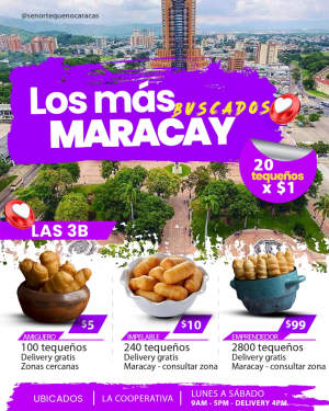 Promociones para los amantes de los BUENOS TEQUEÑOS😎⁣
𝗠𝗔𝗥𝗔𝗖𝗔𝗬! 📣⁣
⁣⁣⁣
😎20 tequeños por $1⁣⁣⁣⁣ (𝟭 𝗯𝗮𝗻𝗱𝗲𝗷𝗮)⁣⁣⁣⁣⁣⁣⁣⁣⁣
😎100 tequeños por $5 + delivery gratis zonas cercanas (consultar por tu zona)⁣⁣⁣⁣ (𝟱 𝗯𝗮𝗻𝗱𝗲𝗷𝗮𝘀)⁣⁣⁣⁣⁣⁣⁣⁣⁣⁣⁣
😎240 tequeños por $10⁣ + delivery gratis (consultar por tu zona)⁣⁣⁣ (𝟭𝟮 𝗯𝗮𝗻𝗱𝗲𝗷𝗮𝘀)⁣⁣⁣⁣⁣⁣⁣⁣⁣
😎2800 tequeños por tan solo $99⁣⁣⁣⁣ (𝟭𝟰𝟬 𝗯𝗮𝗻𝗱𝗲𝗷𝗮𝘀)⁣⁣⁣⁣⁣⁣⁣⁣⁣
⁣⁣⁣⁣⁣⁣⁣⁣⁣⁣⁣⁣
𝗔𝗖𝗧𝗨𝗔𝗟𝗠𝗘𝗡𝗧𝗘 𝗦𝗢𝗠𝗢𝗦 𝟲 𝗦𝗨𝗖𝗨𝗥𝗦𝗔𝗟𝗘𝗦✌️⁣⁣⁣⁣⁣
𝗣𝗲𝗱𝗶𝗱𝗼𝘀 𝘀𝗼𝗹𝗼 𝘃í𝗮 W𝗵𝗮𝘁𝘀𝗔𝗽𝗽 ⁣⁣⁣⁣⁣⁣⁣⁣⁣⁣⁣⁣⁣⁣⁣⁣⁣⁣⁣⁣⁣⁣⁣⁣⁣⁣⁣⁣⁣⁣⁣⁣⁣⁣⁣ 📲⁣⁣⁣⁣⁣⁣⁣⁣⁣⁣📲⁣⁣⁣⁣⁣⁣⁣⁣⁣⁣⁣⁣⁣⁣⁣⁣⁣⁣⁣⁣⁣⁣⁣⁣⁣⁣⁣⁣⁣⁣⁣⁣⁣⁣⁣ 𝟬𝟰𝟭𝟮-𝟳𝟰𝟯𝟴𝟵𝟱𝟳⁣⁣⁣⁣⁣⁣⁣⁣⁣⁣⁣⁣⁣⁣⁣⁣⁣⁣⁣⁣⁣⁣⁣⁣⁣⁣⁣⁣⁣⁣⁣⁣⁣⁣
⁣⁣⁣
📍 𝗠𝗮𝗿𝗮𝗰𝗮𝘆 📍⁣⁣⁣⁣⁣⁣⁣⁣⁣⁣⁣⁣⁣⁣⁣
🏢Calle principal de la cooperativa cruce con calle Bucare - Número 91⁣⁣⁣⁣⁣⁣⁣⁣⁣⁣⁣⁣⁣
⁣⁣⁣⁣
📍𝗖𝗔𝗥𝗔𝗖𝗔𝗦⁣⁣⁣⁣⁣⁣⁣⁣⁣⁣⁣⁣⁣⁣⁣⁣⁣⁣⁣
🏢Avenida Oeste 13. Esquinas de soledad a Acevedo local N°187. ⁣⁣⁣⁣⁣⁣⁣⁣⁣⁣⁣⁣⁣⁣⁣⁣⁣⁣⁣⁣
⁣⁣⁣⁣
📍𝗧𝘂𝗿𝗺𝗲𝗿𝗼 - 𝗔𝗥𝗔𝗚𝗨𝗔📍⁣⁣⁣⁣⁣⁣⁣⁣⁣⁣⁣⁣⁣⁣⁣⁣⁣⁣⁣⁣
⁣🏢Calle Rivas con Salías # 11 Vía Paya diagonal a la Feria de las verduras⁣⁣⁣⁣⁣⁣⁣⁣⁣⁣⁣⁣⁣⁣⁣⁣⁣⁣
Centro de Turmero⁣⁣⁣⁣⁣⁣⁣⁣⁣⁣⁣⁣⁣⁣⁣⁣⁣⁣
⁣⁣⁣⁣⁣⁣⁣⁣⁣⁣⁣⁣
📍 𝗟𝗮 𝗚𝘂𝗮𝗶𝗿𝗮 📍⁣⁣⁣⁣⁣⁣⁣⁣⁣⁣⁣⁣⁣⁣⁣
🏢Avenida Tacagua casa nro 31 PB Urb. La Atlántida ⁣⁣- Catia La Mar⁣⁣⁣⁣⁣⁣⁣⁣
⁣⁣⁣⁣
📍 𝗟𝗼𝘀 𝗧𝗲𝗾𝘂𝗲𝘀 📍⁣⁣⁣⁣⁣⁣⁣⁣⁣⁣⁣⁣⁣⁣⁣⁣⁣⁣
Tienda ONLINE - Virtual⁣⁣⁣⁣⁣⁣⁣⁣⁣⁣⁣⁣⁣⁣⁣⁣⁣⁣
No es tienda física por ahora 🤗⁣⁣⁣⁣⁣⁣⁣⁣⁣⁣⁣⁣⁣⁣⁣⁣⁣⁣
⁣🏢 𝗘𝗻𝘁𝗿𝗮𝗱𝗮 𝗱𝗲 𝗥𝗲𝘀𝗶𝗱𝗲𝗻𝗰𝗶𝗮𝘀 𝗟𝗮 𝗖𝗶𝗺𝗮⁣⁣⁣⁣⁣⁣⁣⁣⁣⁣⁣⁣⁣⁣⁣⁣⁣⁣
Sector Punta Brava. Detrás del Centro Medico Docente el Paso, Final del Callejón Almenar.⁣⁣⁣⁣⁣⁣
📍 𝗦𝗮𝗻 𝗔𝗻𝘁𝗼𝗻𝗶𝗼 𝗱𝗲 𝗟𝗼𝘀 𝗔𝗹𝘁𝗼𝘀📍⁣⁣
Recta de las Minas - Parriburguer⁣⁣
⁣⁣⁣⁣⁣⁣
⁣⁣⁣⁣⁣⁣⁣⁣📍⁣⁣⁣⁣⁣⁣⁣⁣⁣⁣𝗟𝗔 𝗩𝗜𝗖𝗧𝗢𝗥𝗜𝗔 ⁣📍⁣⁣⁣⁣⁣⁣⁣⁣⁣⁣⁣⁣⁣⁣⁣⁣⁣⁣⁣⁣
🏢Calle Francisco Manuel González, Res. Lucia, local 1, Planta Baja⁣⁣⁣⁣⁣⁣⁣⁣⁣⁣⁣⁣⁣⁣⁣
⁣⁣⁣⁣
⁣⁣⁣⁣⁣⁣𝗛𝗼𝗿𝗮𝗿𝗶𝗼𝘀 𝗱𝗲 𝗮𝘁𝗲𝗻𝗰𝗶𝗼́𝗻 🕛⁣⁣⁣⁣⁣⁣⁣⁣⁣⁣⁣⁣
🗓️Lunes a Sábado 9am a 5pm⁣⁣⁣⁣⁣⁣⁣⁣⁣⁣⁣⁣
Se toman pedidos hasta las 4pm para Delivery⁣⁣⁣⁣⁣⁣⁣⁣⁣⁣⁣⁣
⚠️Tome previsión⁣⁣⁣ 😎 hay pedidos previos al suyo⁣