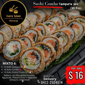 🤩POR SOLO $16😎Tasa Bcv✨
WhatsApp 📲 0412-2504074
🍤SUSHI TEMPURA MIX🔥 HASTA 7 Rellenos Combinados🦀🍗🥑🍌🍤
🔥TODO TEMPURIZADO🔥 30 pzs !
Pide Ya! $16