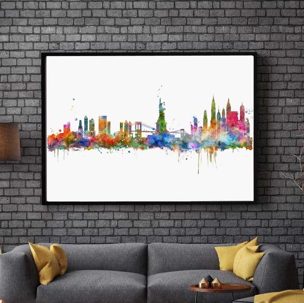 New York City Skyline Watercolor Poster Ny City Map Skyline Art In Current City Map Wall Art (Gallery 20 of 20)