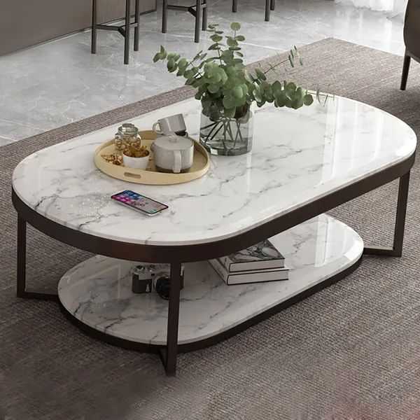 2 Tiered Modern Marble Coffee Table Black & White With Shelf Metal  Frame Homary Intended For 2 Tier Metal Coffee Tables (Gallery 2 of 20)