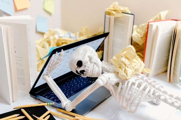 Skeleton figurine on laptop computer 