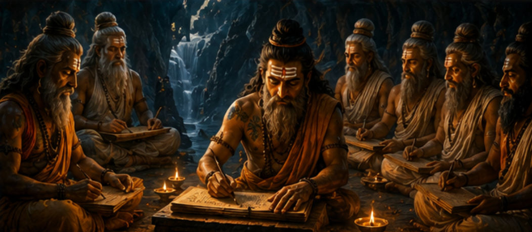 Ancient sages writing sacred Shiva Nadi wisdom on palm leaves