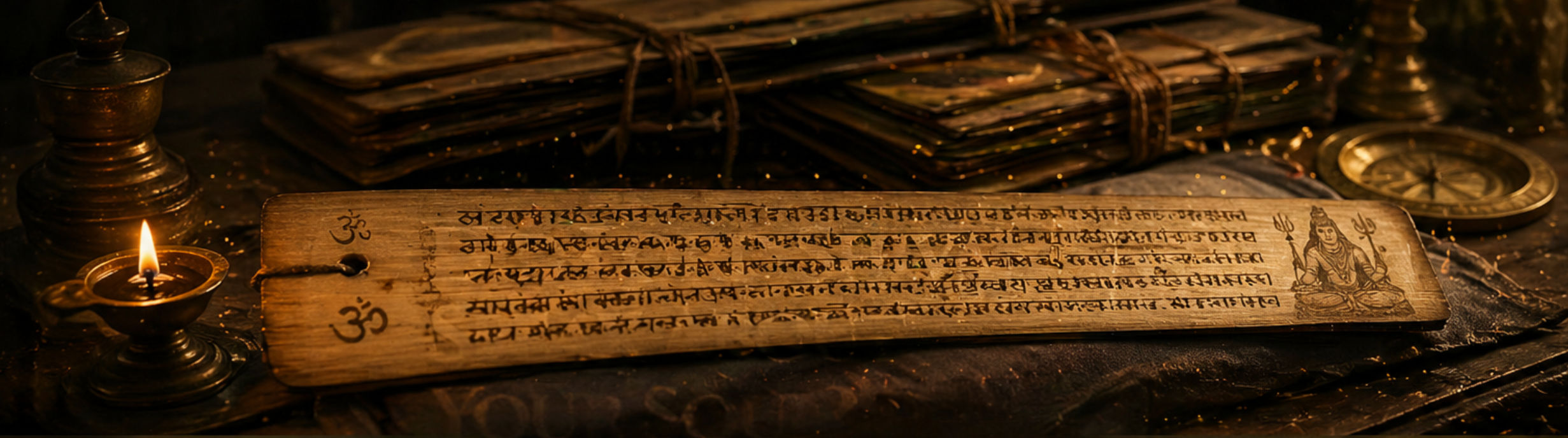 Ancient Shiva Nadi palm leaf manuscript illuminated by sacred lamp light