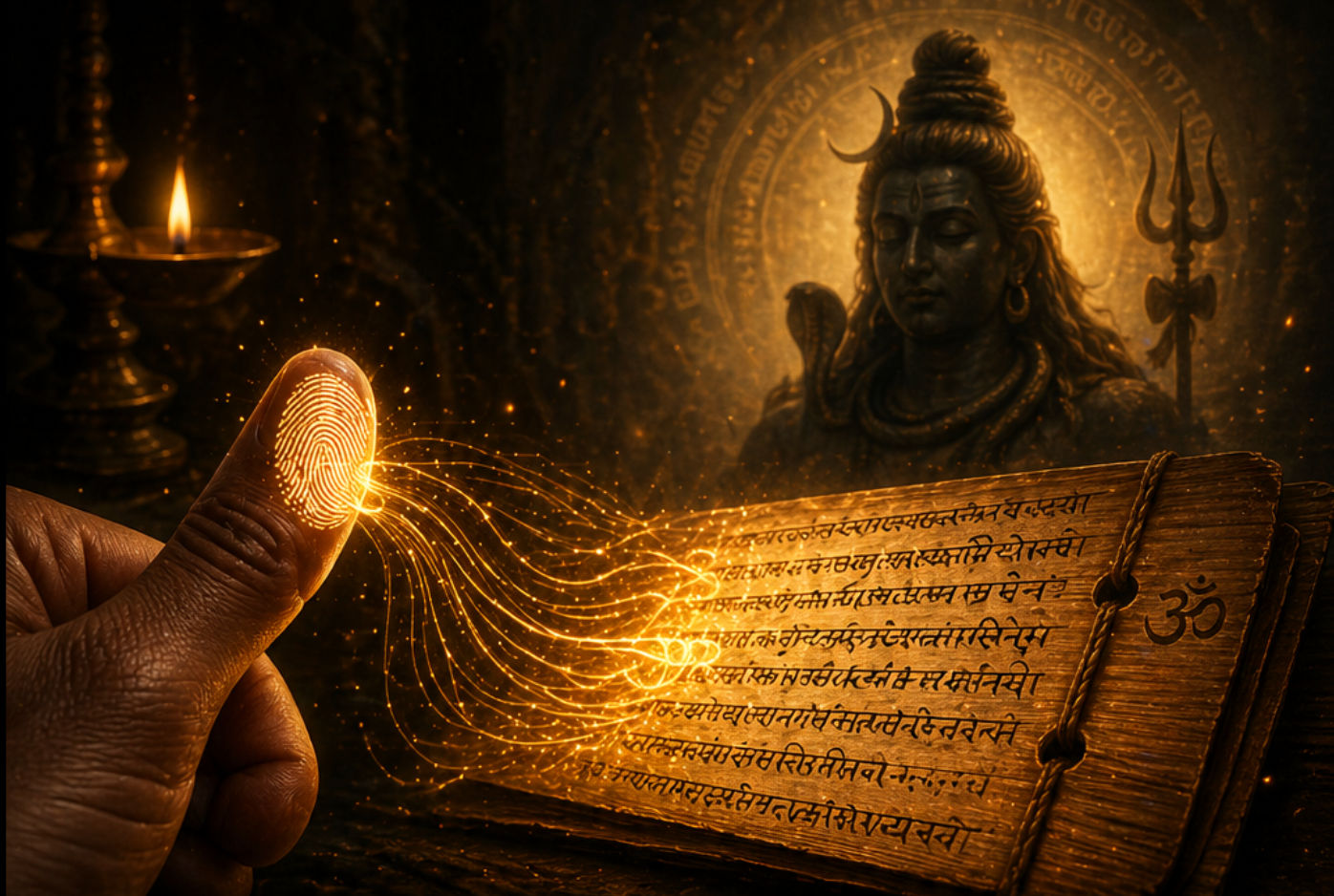Thumbprint turning into sacred Shiva NadiVedas palm leaf with Lord Shiva blessing the search