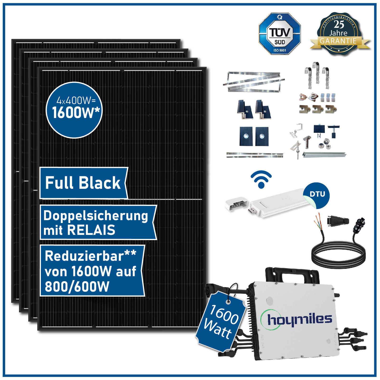 1600 W / 1600 W drosselbar auf 600W /800W Balkonkraftwerk mit 400W Black  Frame Solarmodule, Hoymiles HMS-1600-4T Wechselrichter und DTU-WLite-S -  Stegpearl