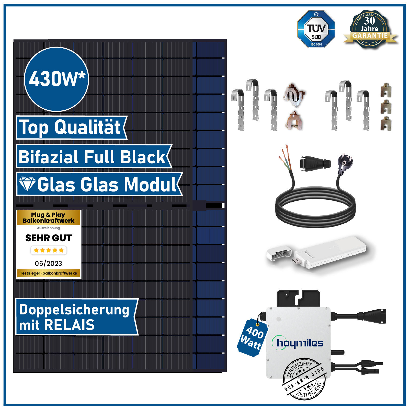 430W Bifazial Glas-Glas Full-Black Solarmodul mit HMS-400W-1T Wechselrichter  - SOLAR-HOOK etm GmbH