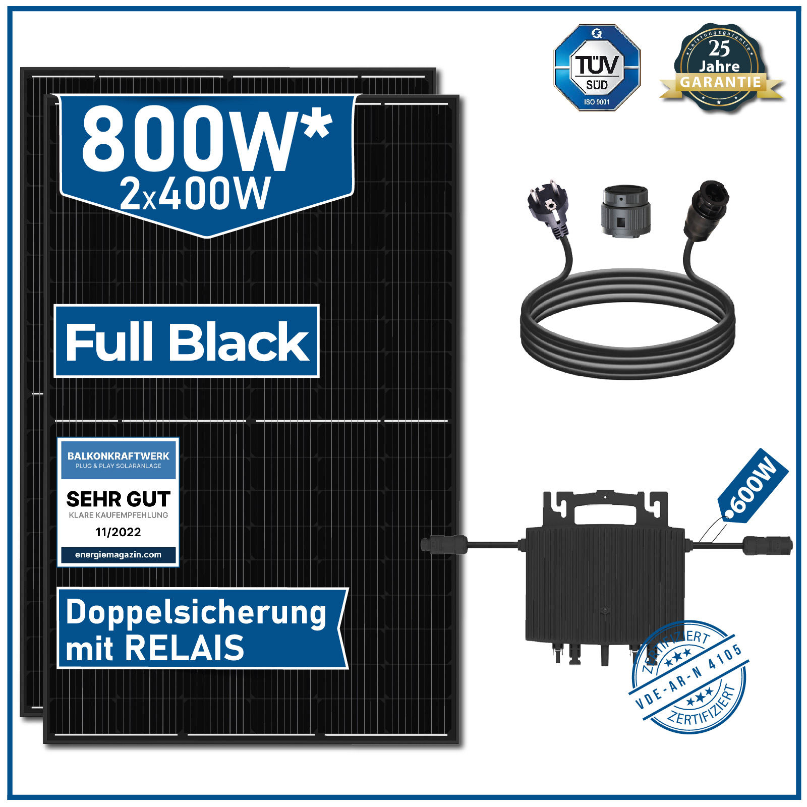 1600W Photovoltaik Balkonkraftwerk mit Sunpro 400W Solarmodule, Hoymiles  HMS-1600-4T Wechselrichter und 10m Wielandstecker