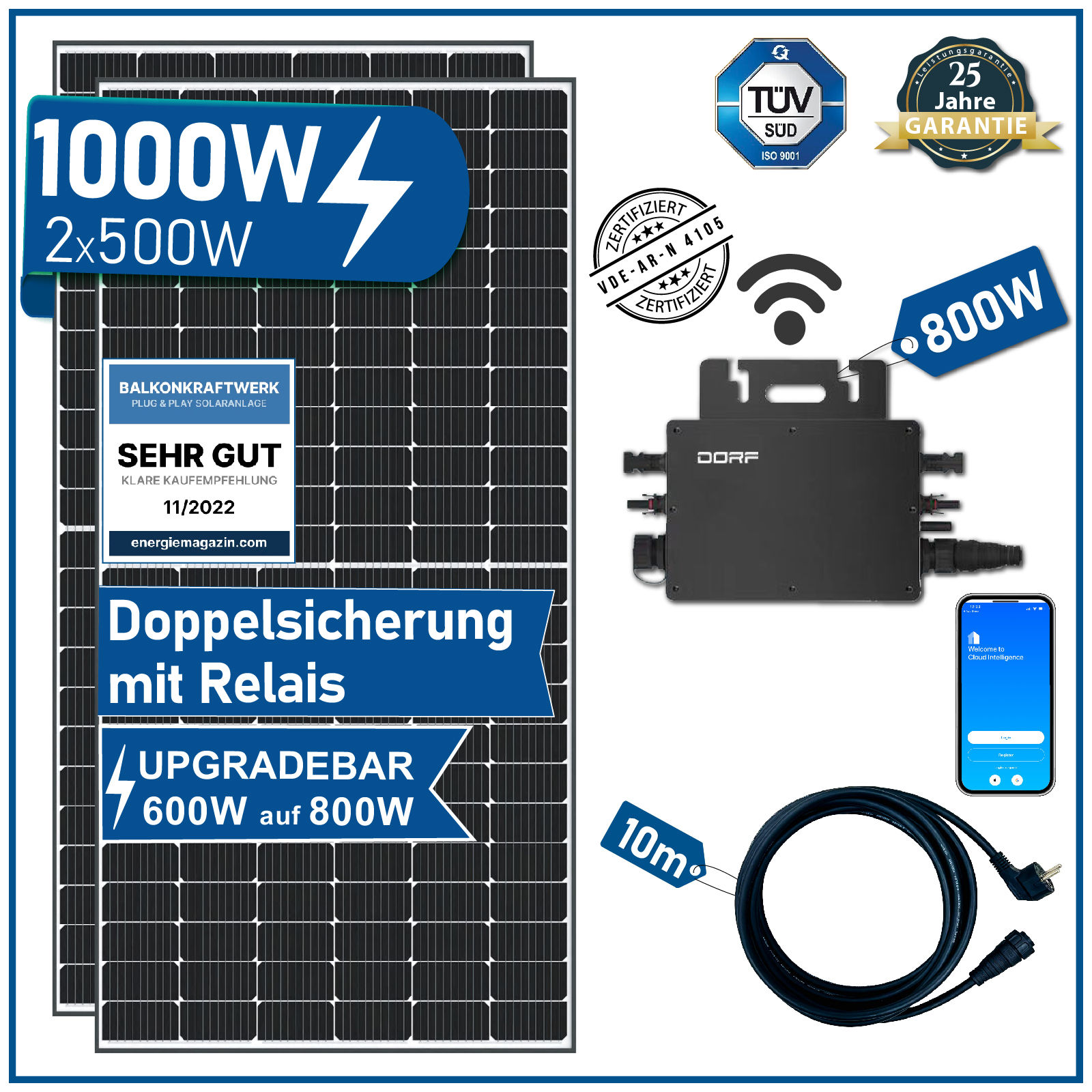 Balkonkraftwerk mit Speicher 1024Wh, 1000 Watt SolarCube + 100