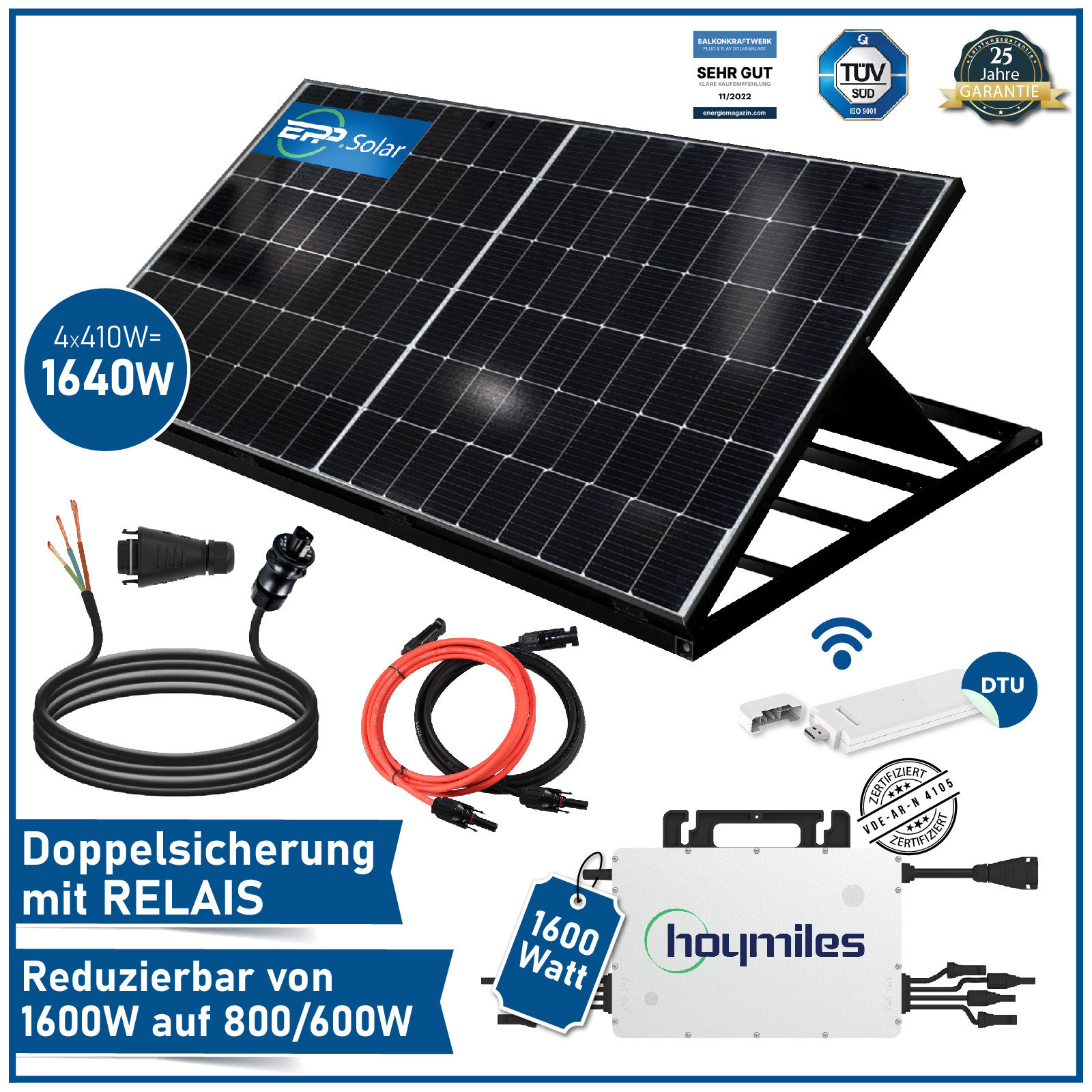 1640W/1600W Plug & Play Solaranlage Komplettset inkl. EPP 410W Easy Peak  Power Solarmodul mit Hoymiles HMS-1600-4T Wechselrichter und DTU-WLite-S -  epp shop