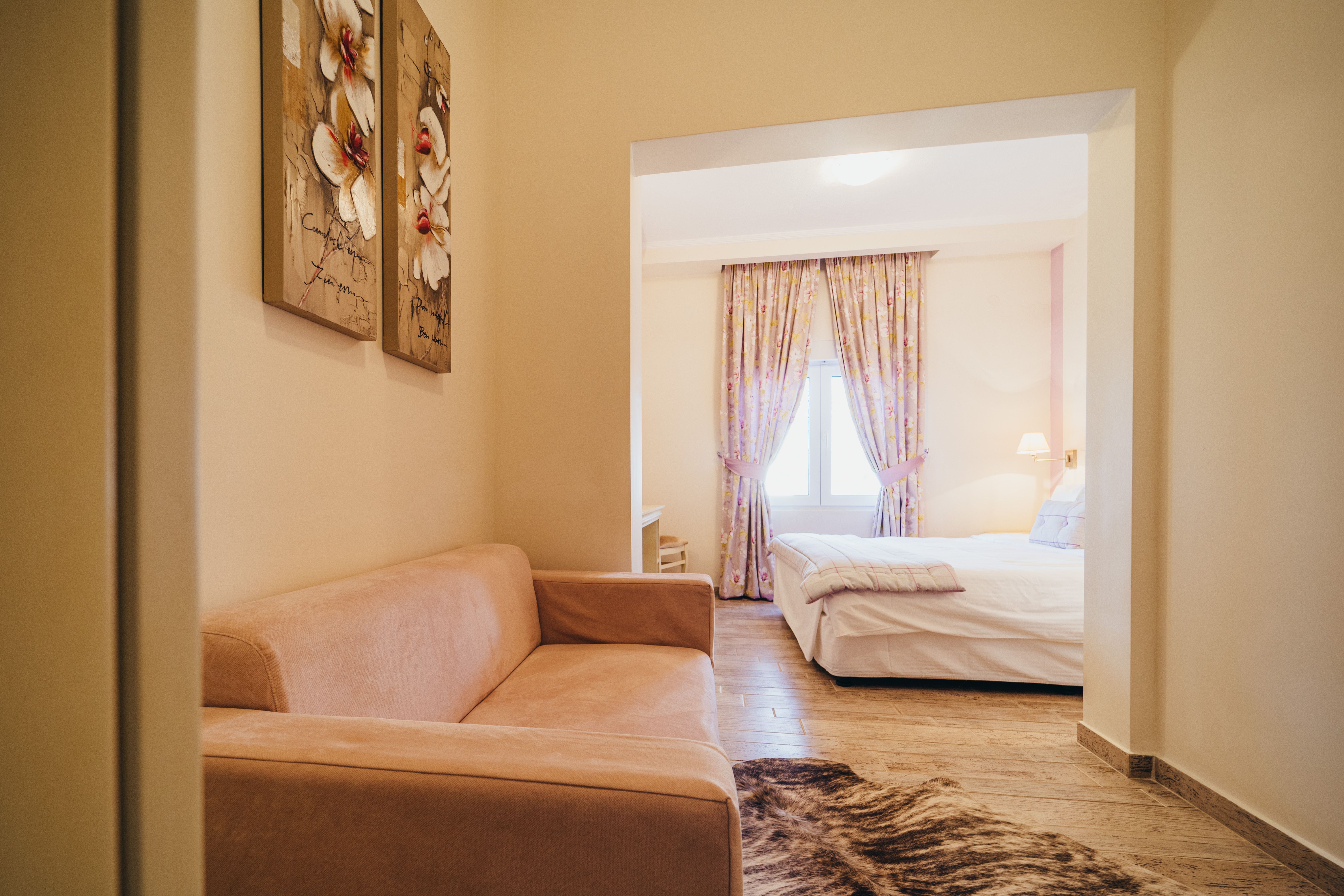 Interior view of deluxe purple room from entrance