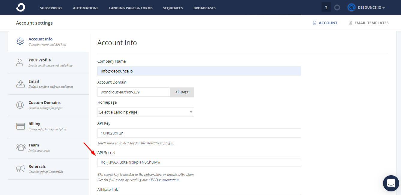 Getting a ConvertKit API key DeBounce