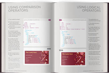 Two pages of PHP and MySQL book showing code examples