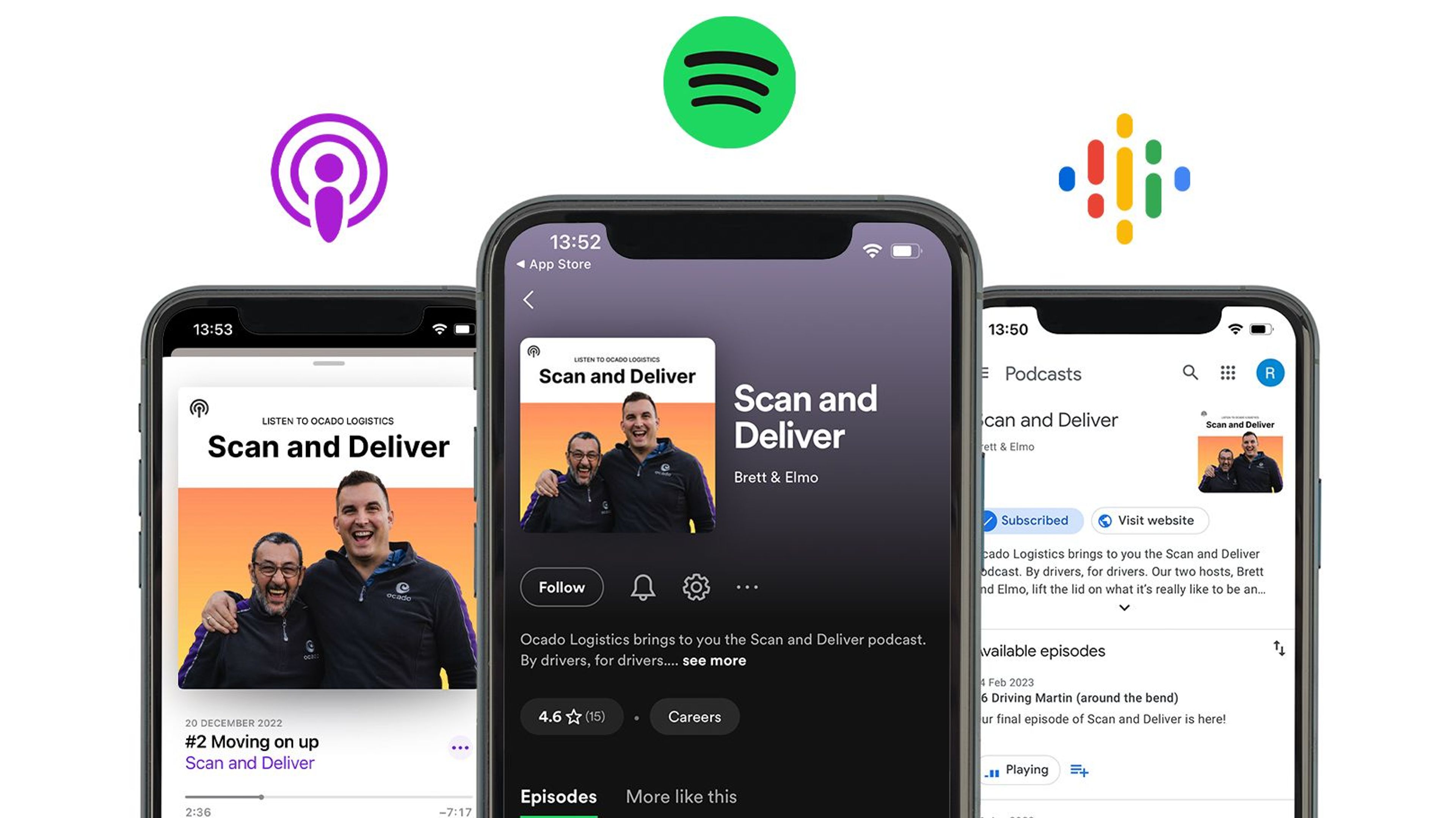 Three mobile devices showing the Ocado podcast on various platforms