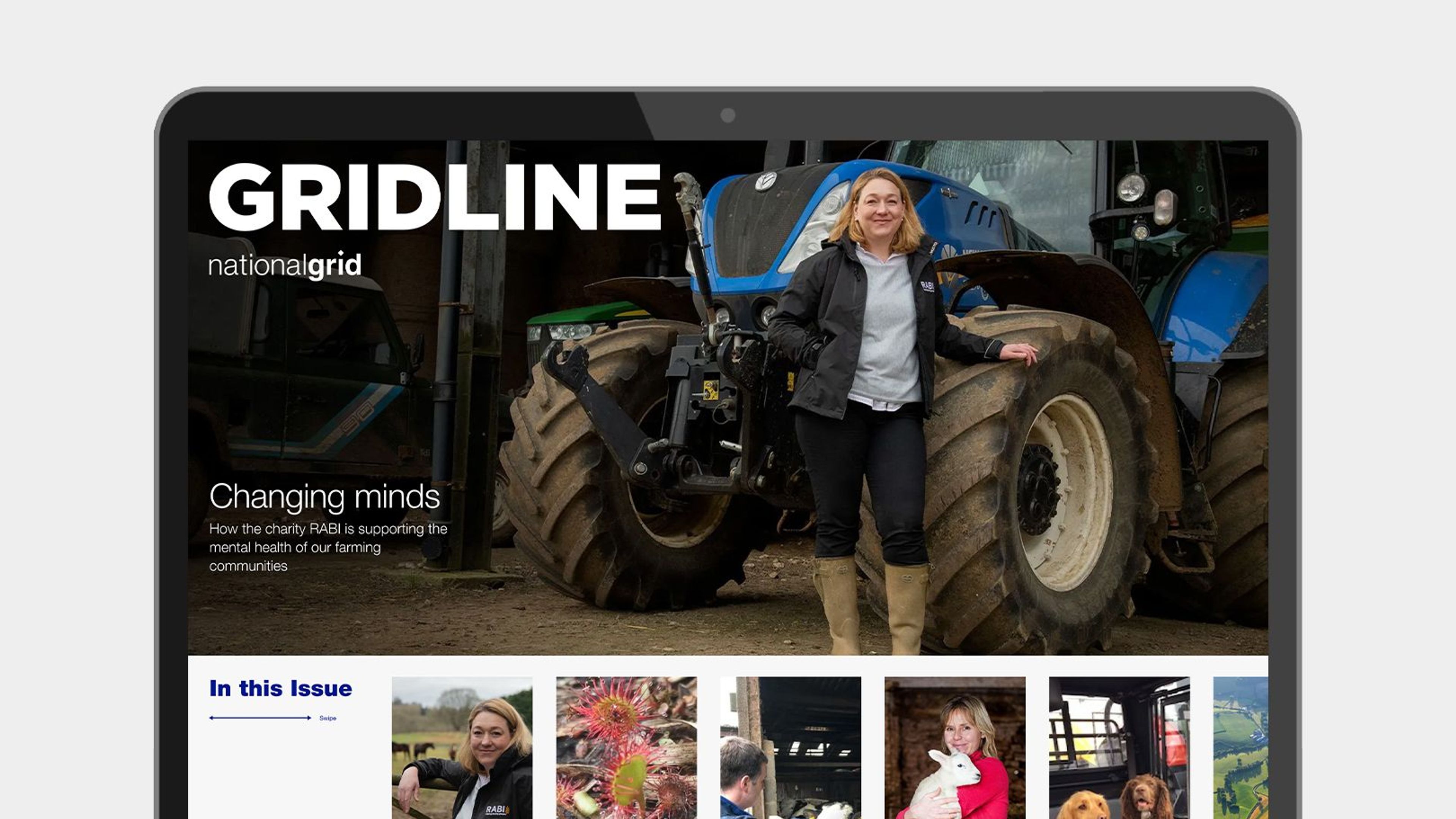 A laptop screen showcasing the landing page for an issue of Gridline online