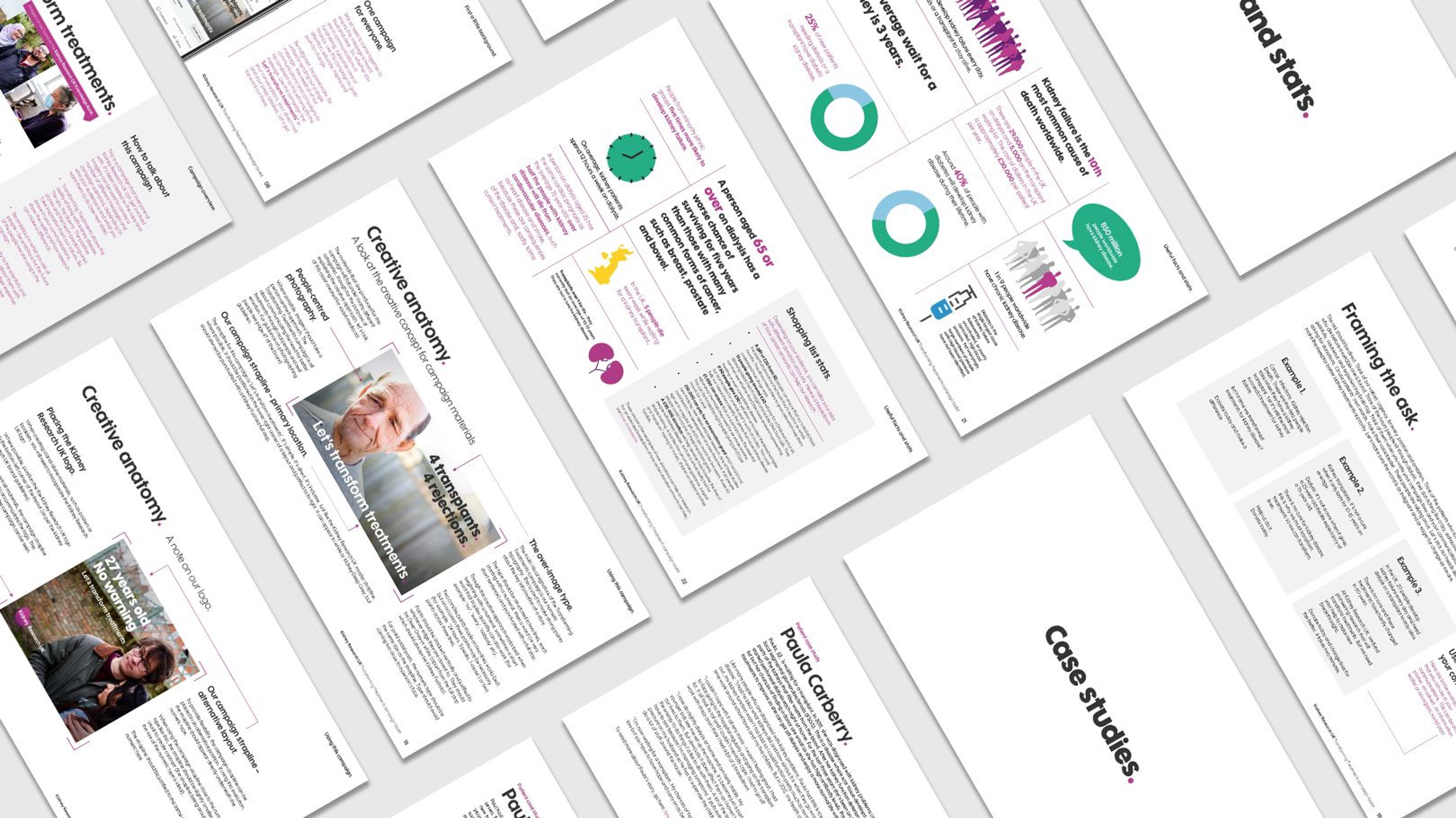 Twelve pages from a detailed toolkit created for Kidney Research UK. The pages are text heavy with supporting campaign imagery