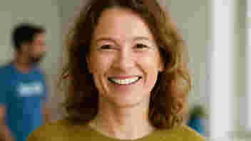 vrouw met glimlach, portret met op achtergrond een ruimte en persoon wazig in blauw shirt