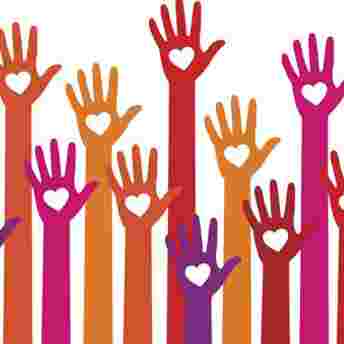 Lots of hands up with heart shapes in the palms.