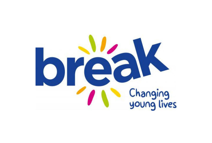 break in blue text with coloured explosion lines drawn outwards, in small text underneath 'Changing young lives'