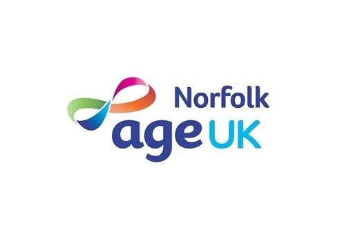 Norfolk age uk in blue font next to a rainbow coloured "life loop" symbol 