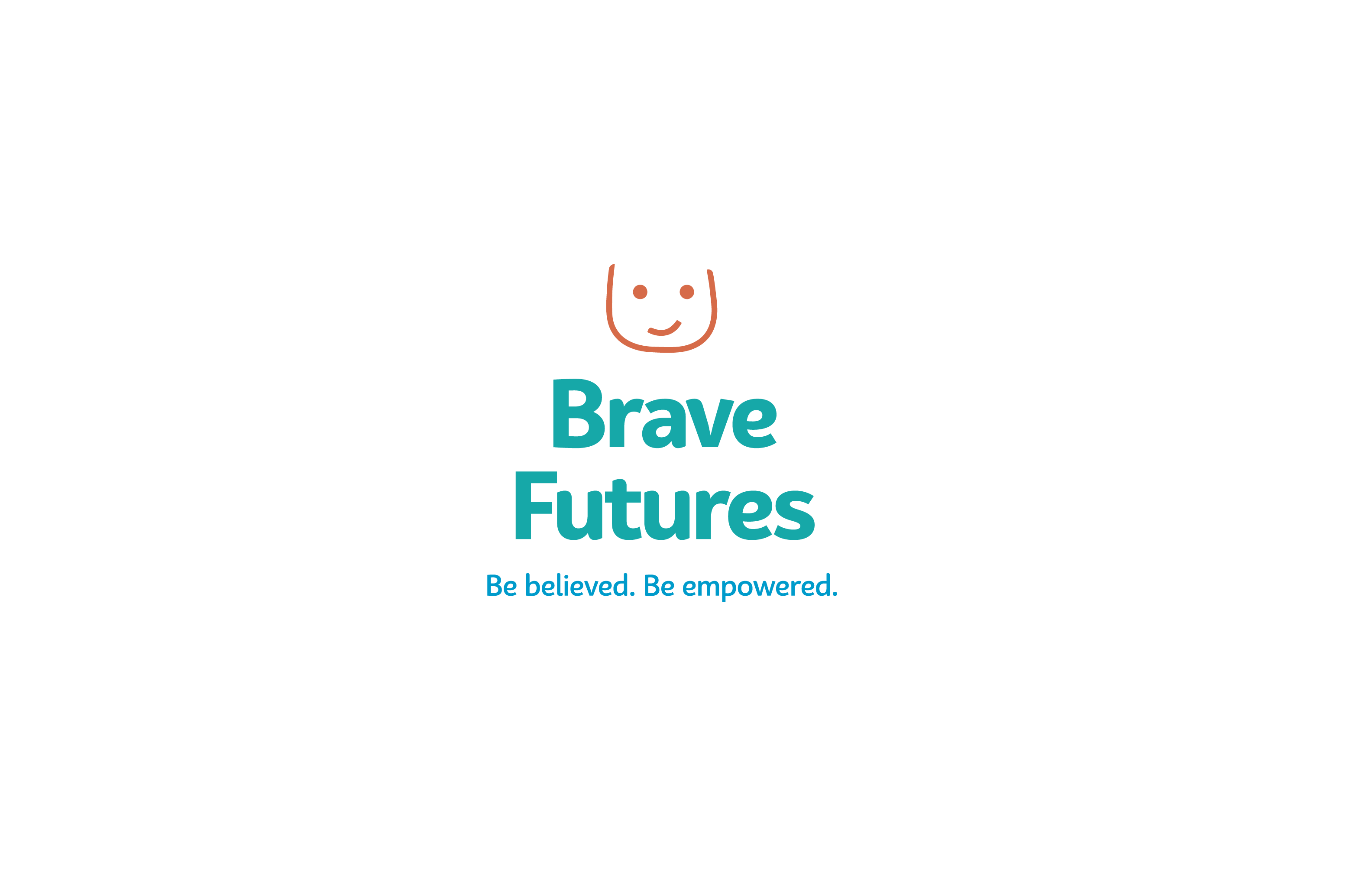 A small orange smiling face outline above the turquoise text reading Brave Futures, Be believed. Be empowered