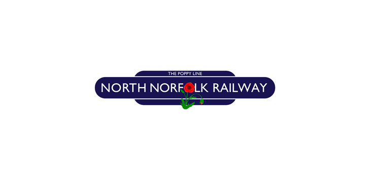 A blue railway station sign saying North Norfolk Railway with the O in FOLK being a red poppy