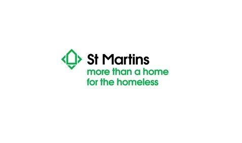 A small green outline of a house in a diamond shape next to St Martins written in black font and with the words more than a home for the homeless in green