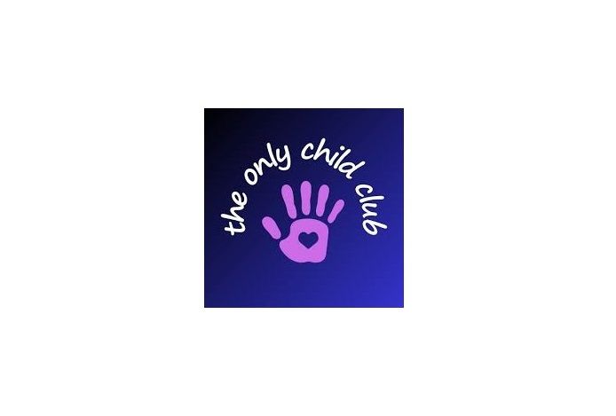 A dark purple background with a pink handprint with a heart shape on the warm with the words the only child club around it