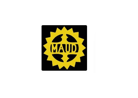 A yellow and black badge logo with the word Maud inside