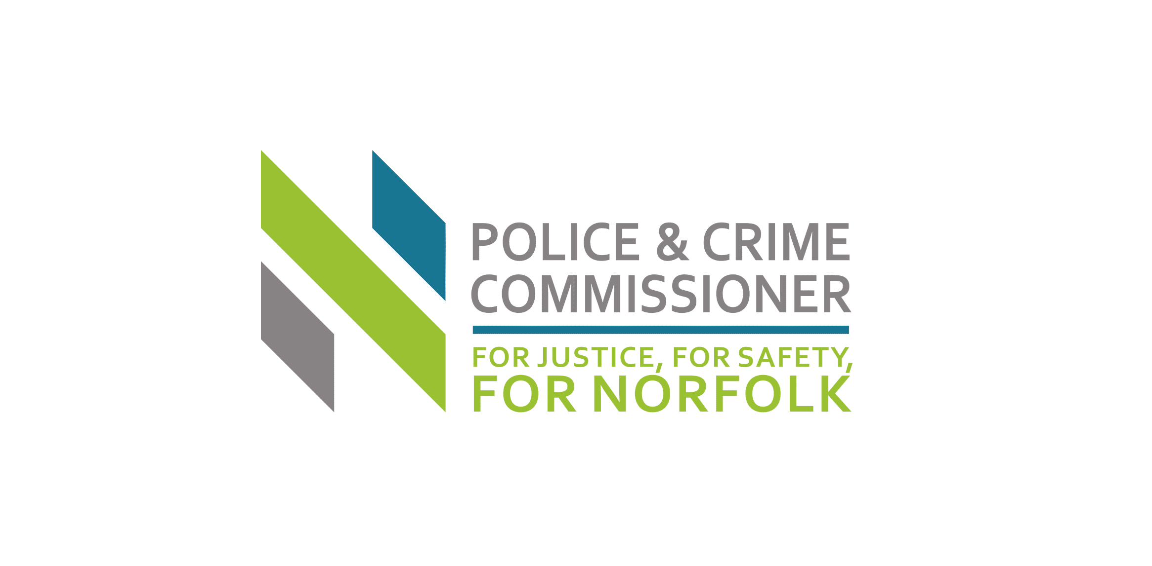 a logo with three diagonal coloured stripes in grey, green and blue besides the words Police & Crime Commissioner For Justice, for safety, for Norfolk