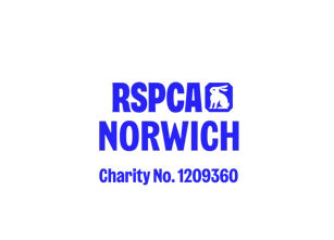 A logo with RSPCA Norwich in blue font and small cartoon rabbit