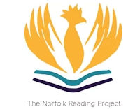 A yellow phoenix rising out of a blue book with the words The Norfolk Reading Project underneath