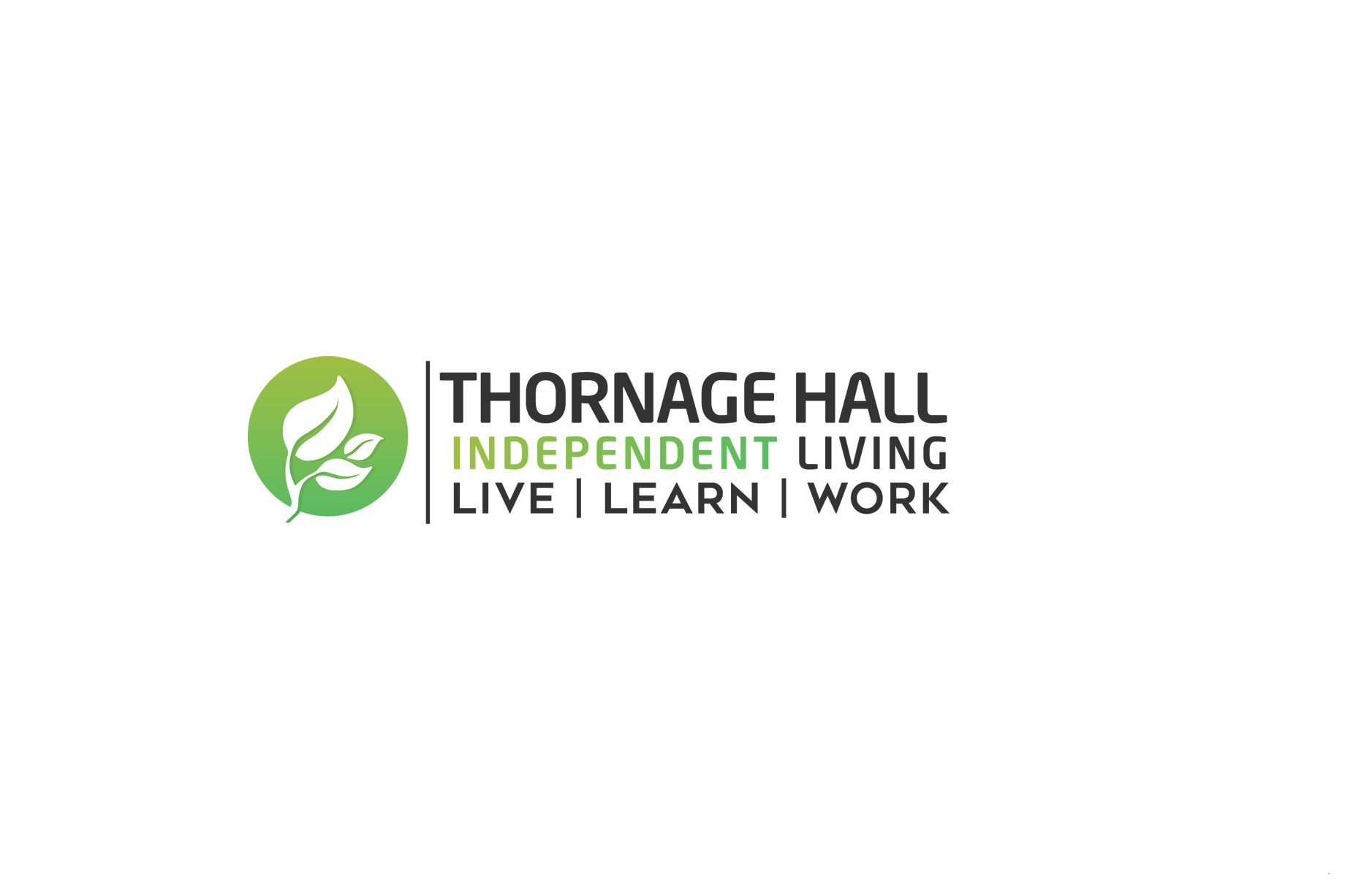A green circle logo with a leaf inside next to the words Thornage Hall Independent Living Live Learn Work
