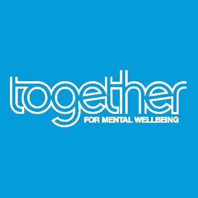 A bright blue background with the word together in a large outline font and for mental wellbeing underneath