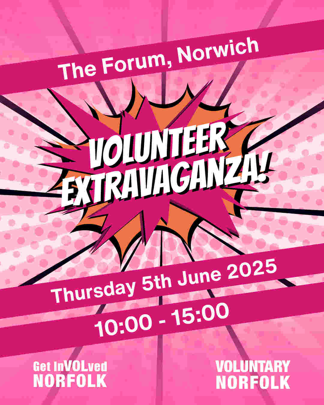A bright pink and orange explosion graphic with the words Volunteer Extravaganza! in white block font