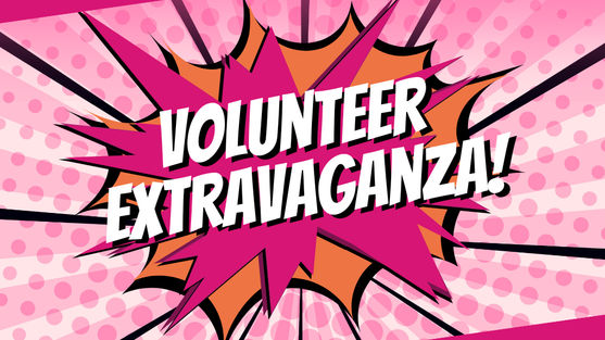 A bright pink and orange explosion graphic with the words Volunteer Extravaganza! in white block font