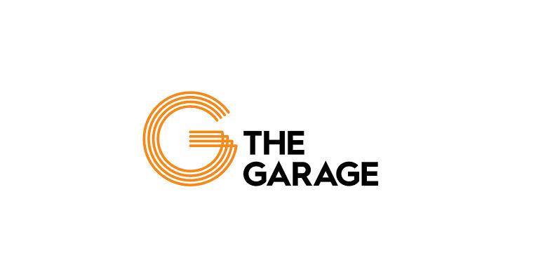A large orange G made up of separate lines next to black text saying THE GARAGE