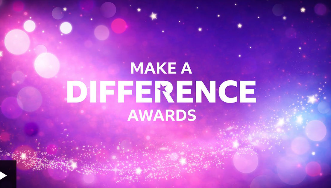 Purple and blue background with sparkly light effect. White writing reads Make a Difference Awards.