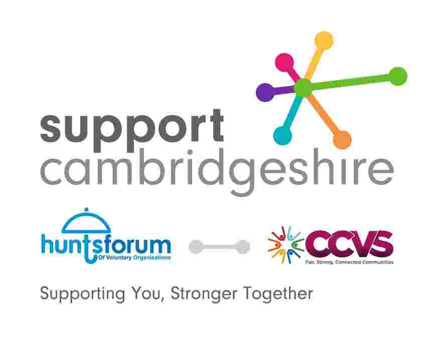 Support Cambridge logo with the CCVS and Hunts Forum logo underneath