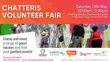 We see a bright image of people painting a mural. We see the Support Cambridgeshire, Support Fenland, CPCA, National Lottery and the Volunteer Cambs logo. Text reads: Chatteris Volunteer Fair. Saturday 16th May 10:00am - 1:00pm The King Edward Community Centre, 3 King Edward Road, Chatteris PE16 6NG. Come and meet a range of good causes and find your perfect match.