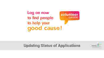 Volunteer Cambs logo. Text reads: log on now to find people to help your good cause. Updating status of applications.