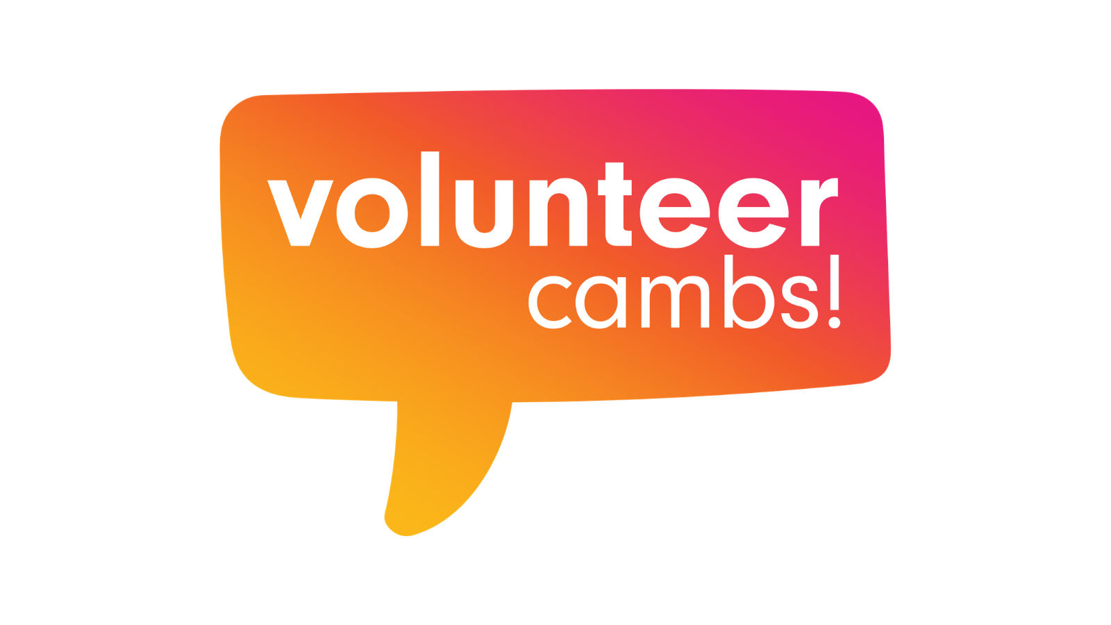 Volunteer Cambs logo. Yellow and pink speech bubble with the words 'volunteer cambs!' inside 