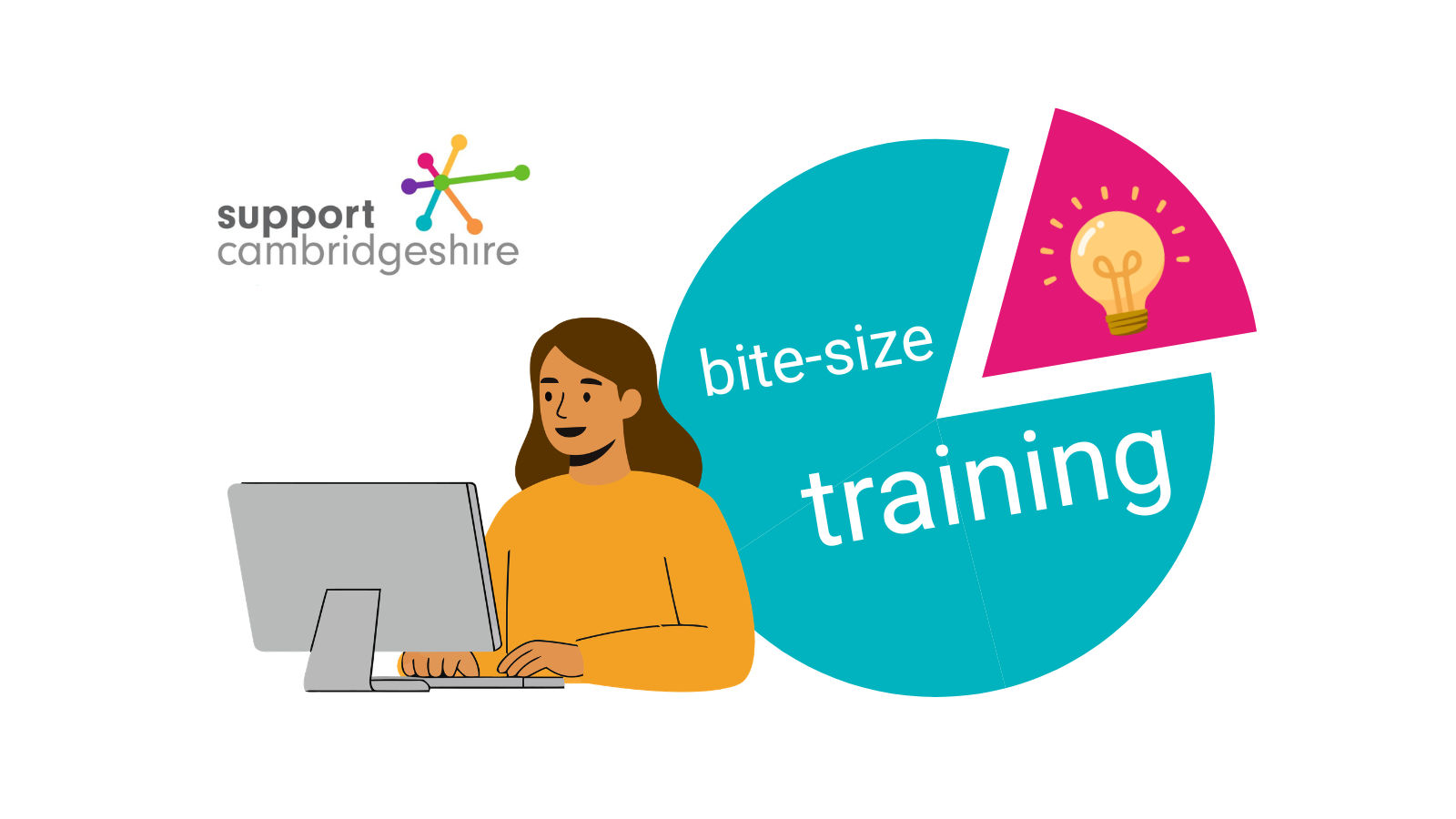 We see a graphic of a turquoise circle with a pink segment popping out. The pink segment has an image of a lightbulb on it. There is a graphic of a person smiling looking at a laptop. We also see the Support Cambridgeshire logo. Text reads: bite-size training
