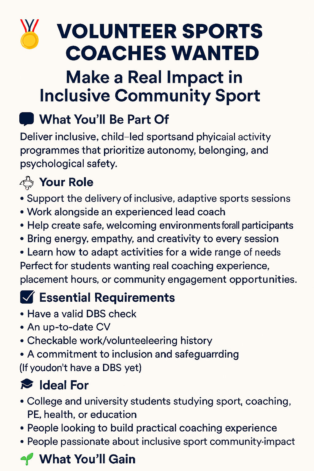 Volunteer Sports Coaches Worcestershire wanted