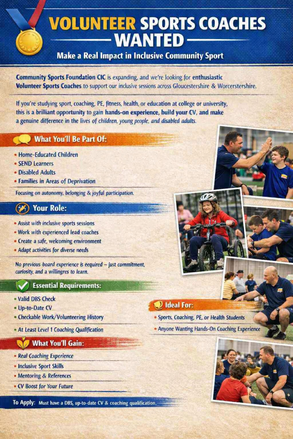 Volunteer Sports Coaches Gloucestershire wanted.