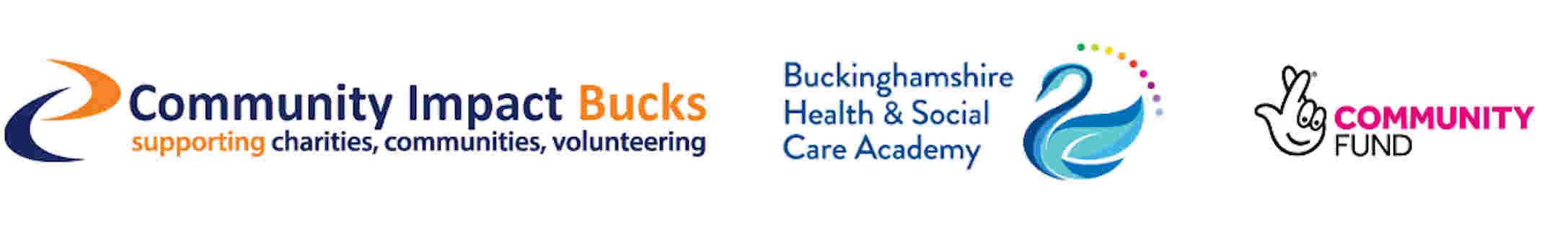 Logos for Community Impact Bucks, Bucks Health & Social Care Academy, and National Lottery Community Fund