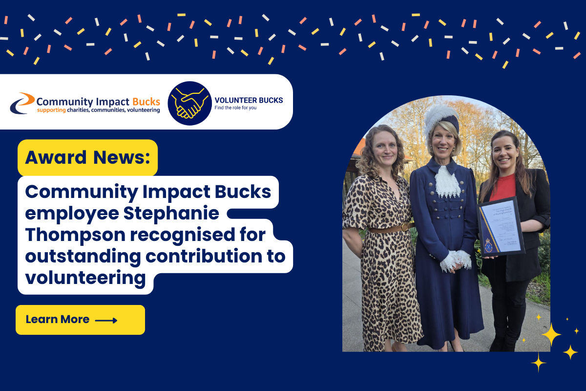 Yellow and blue image with writing: 'Community Impact Bucks employee Stephanie Thompson recognised for outstanding contribution to volunteering'