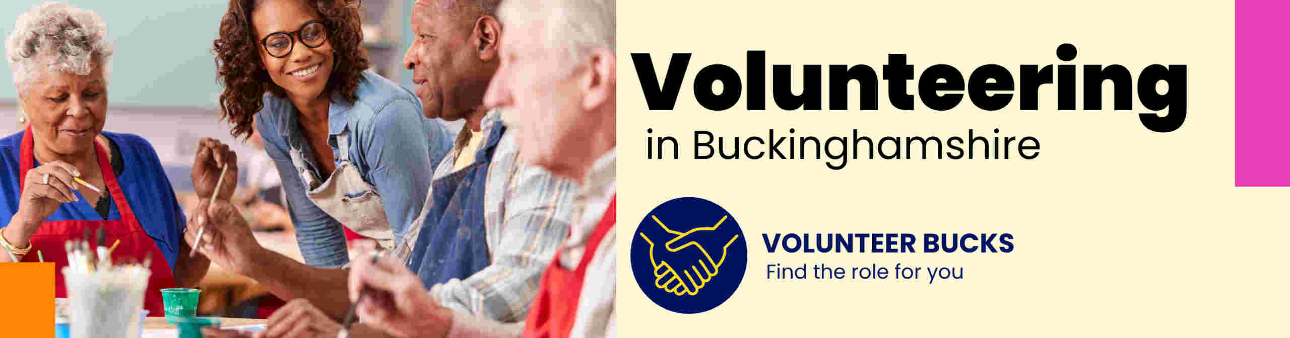 Volunteering in Buckinghamshire banner with image of a volunteer pointing at her blue t shirt at the word "volunteer" Volunteer Bucks - Volunteering Page banner