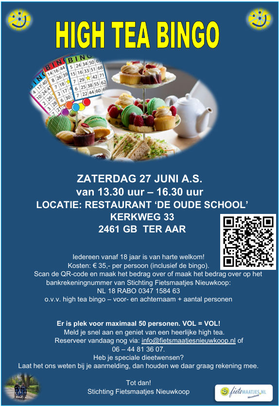 High Tea Bingo zaterdag 27 juni a.s. van 13.30 uur - 16.30 uur